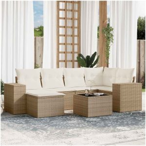 Matgrupp för trädgården med dynor 7 delar beige konstrotting vidaXL