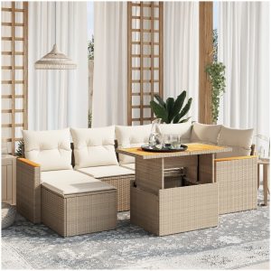 Matgrupp för trädgården med dynor 7 delar beige konstrotting vidaXL