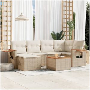 Matgrupp för trädgården med dynor 7 delar beige konstrotting vidaXL