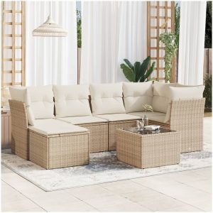 Matgrupp för trädgården med dynor 7 delar beige konstrotting vidaXL