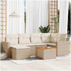 Matgrupp för trädgården med dynor 7 delar beige konstrotting vidaXL
