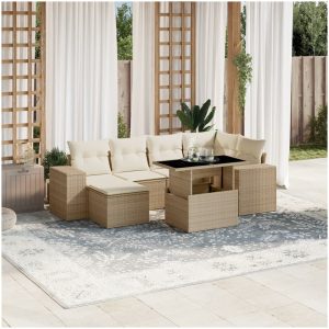 Matgrupp för trädgården med dynor 7 delar beige konstrotting vidaXL