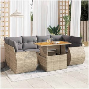 Matgrupp för trädgården med dynor 7 delar beige konstrotting vidaXL