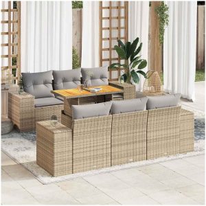 Matgrupp för trädgården med dynor 7 delar beige konstrotting vidaXL