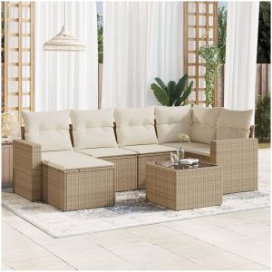 Matgrupp för trädgården med dynor 7 delar beige konstrotting vidaXL
