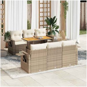 Matgrupp för trädgården med dynor 7 delar beige konstrotting vidaXL