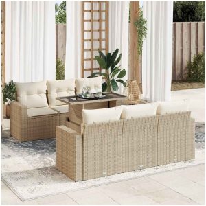 Matgrupp för trädgården med dynor 7 delar beige konstrotting vidaXL