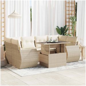 Matgrupp för trädgården med dynor 7 delar beige konstrotting vidaXL