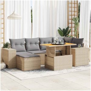 Matgrupp för trädgården med dynor 7 delar beige konstrotting vidaXL