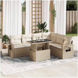 Matgrupp för trädgården med dynor 7 delar beige konstrotting vidaXL