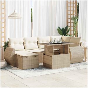 Matgrupp för trädgården med dynor 7 delar beige konstrotting vidaXL