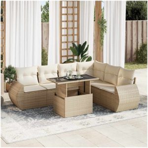 Matgrupp för trädgården med dynor 7 delar beige konstrotting vidaXL