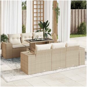 Matgrupp för trädgården med dynor 7 delar beige konstrotting vidaXL