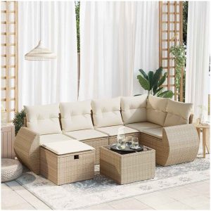 Matgrupp för trädgården med dynor 7 delar beige konstrotting vidaXL