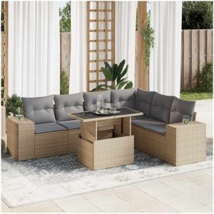 Matgrupp för trädgården med dynor 7 delar beige konstrotting vidaXL