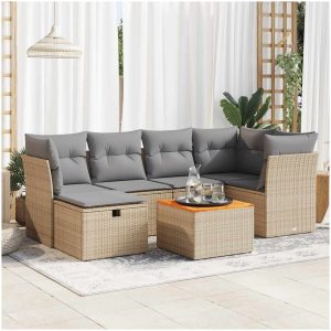 Matgrupp för trädgården med dynor 7 delar beige konstrotting vidaXL
