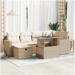 Matgrupp för trädgården med dynor 7 delar beige konstrotting vidaXL
