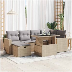 Matgrupp för trädgården med dynor 7 delar beige konstrotting vidaXL