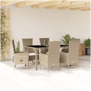 Matgrupp för trädgården med dynor 7 delar beige konstrotting vidaXL