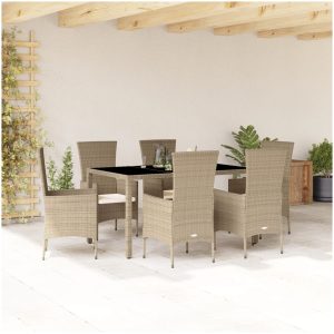 Matgrupp för trädgården med dynor 7 delar beige konstrotting vidaXL