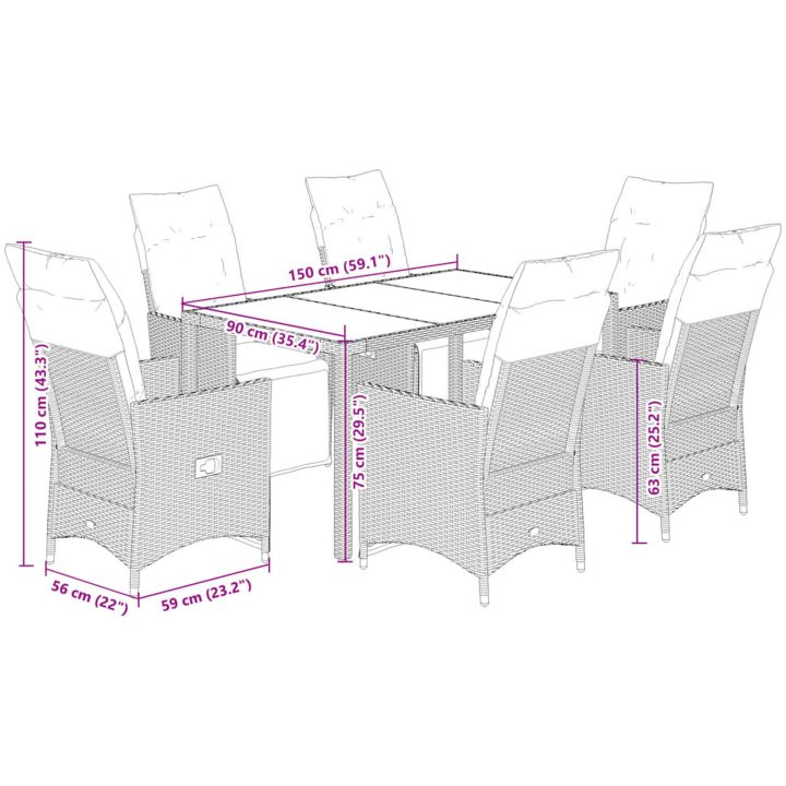 Matgrupp för trädgården med dynor 7 delar brun konstrotting vidaXL 150 x 90 x 75 cm – bild 7