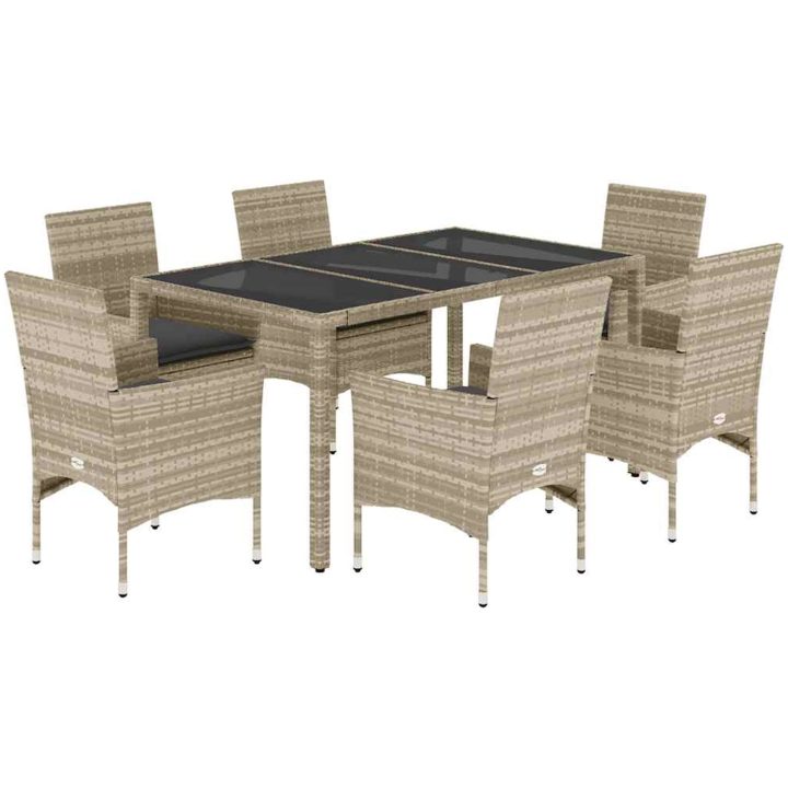 Matgrupp för trädgården med dynor 7 delar grå konstrotting&glas vidaXL 150 x 90 x 75 cm – bild 2