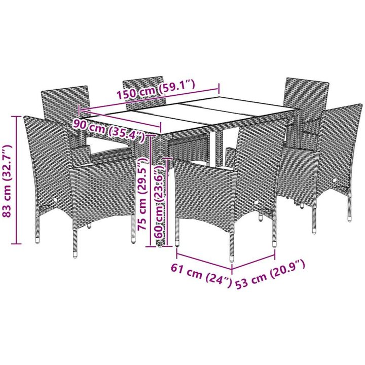 Matgrupp för trädgården med dynor 7 delar grå konstrotting&glas vidaXL 150 x 90 x 75 cm – bild 7