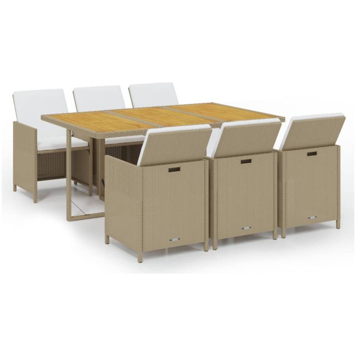 Matgrupp för trädgården med dynor 7 delar konstrotting beige vidaXL 163 cm bordslängd – bild 2