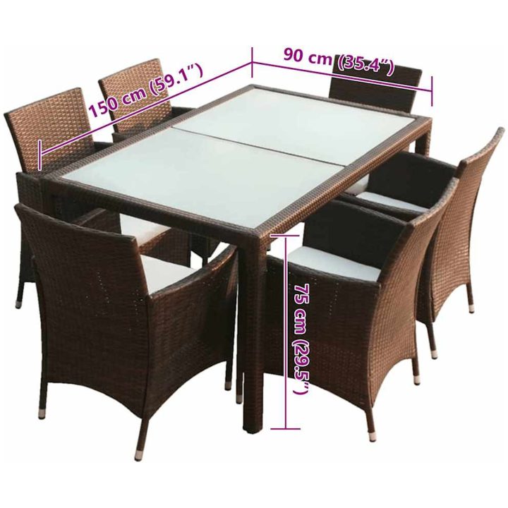 Matgrupp för trädgården med dynor 7 delar konstrotting brun vidaXL 150 cm bordslängd – bild 7