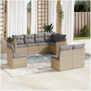 Matgrupp för trädgården med dynor 8 delar beige konstrotting vidaXL