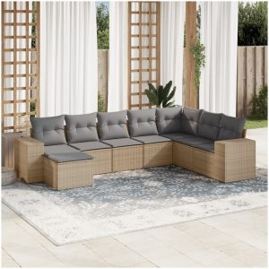 Matgrupp för trädgården med dynor 8 delar beige konstrotting vidaXL