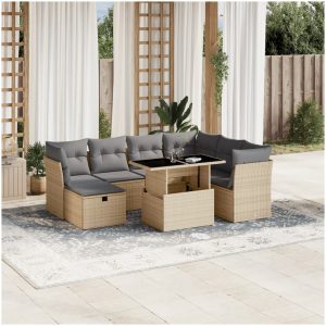 Matgrupp för trädgården med dynor 8 delar beige konstrotting vidaXL