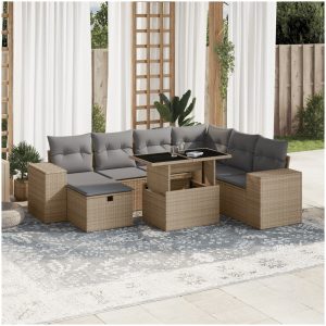 Matgrupp för trädgården med dynor 8 delar beige konstrotting vidaXL