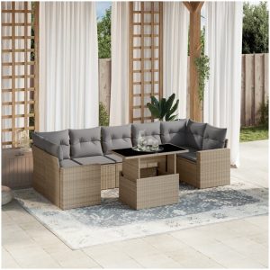 Matgrupp för trädgården med dynor 8 delar beige konstrotting vidaXL