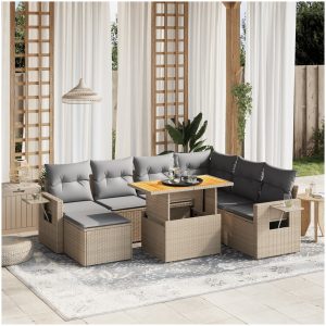 Matgrupp för trädgården med dynor 8 delar beige konstrotting vidaXL