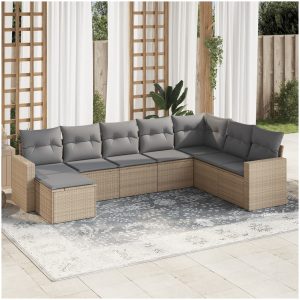 Matgrupp för trädgården med dynor 8 delar beige konstrotting vidaXL