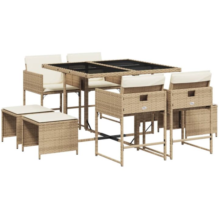 Matgrupp för trädgården med dynor 9 delar beige konstrotting vidaXL – bild 2
