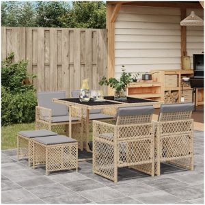 Matgrupp för trädgården med dynor 9 delar beige konstrotting vidaXL