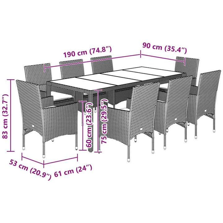 Matgrupp för trädgården med dynor 9 delar grå konstrotting&glas vidaXL 190 x 90 x 75 cm – bild 7
