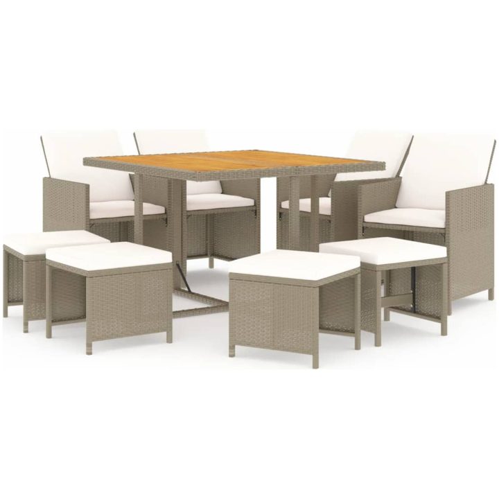 Matgrupp för trädgården med dynor 9 delar konstrotting beige vidaXL 109 cm bordslängd – bild 2