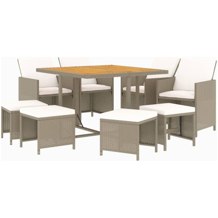 Matgrupp för trädgården med dynor 9 delar konstrotting beige vidaXL 109 cm bordslängd – bild 3
