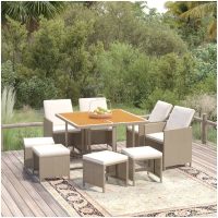 Matgrupp för trädgården med dynor 9 delar konstrotting beige vidaXL