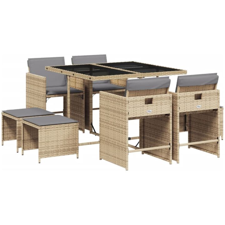 Matgrupp för trädgården med dynor 9 delar mixbeige konstrotting vidaXL – bild 2