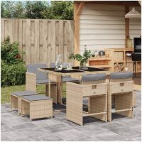 Matgrupp för trädgården med dynor 9 delar mixbeige konstrotting vidaXL