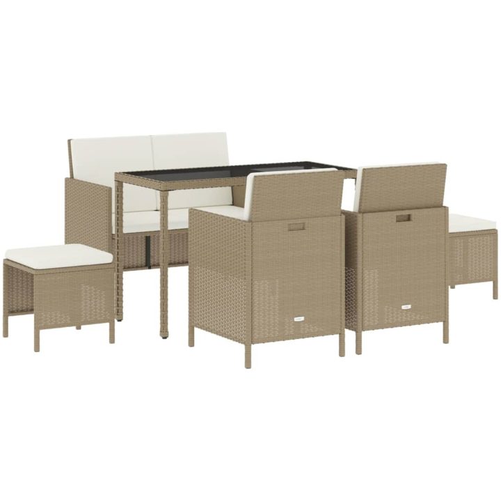 Matgrupp med dynor för trädgården 6 delar beige konstrotting vidaXL – bild 2