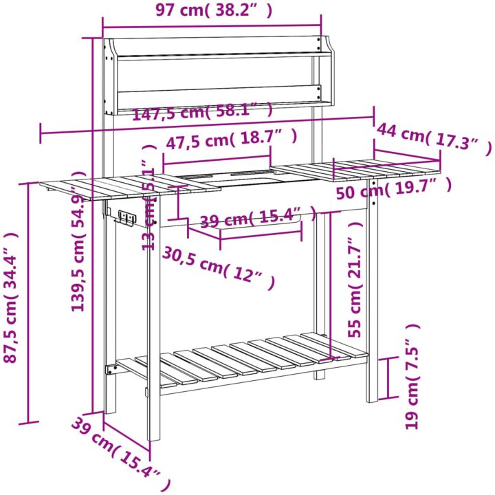 Odlingsbänk med vask 110,5x45x124,5 cm massivt granträ vidaXL – bild 12