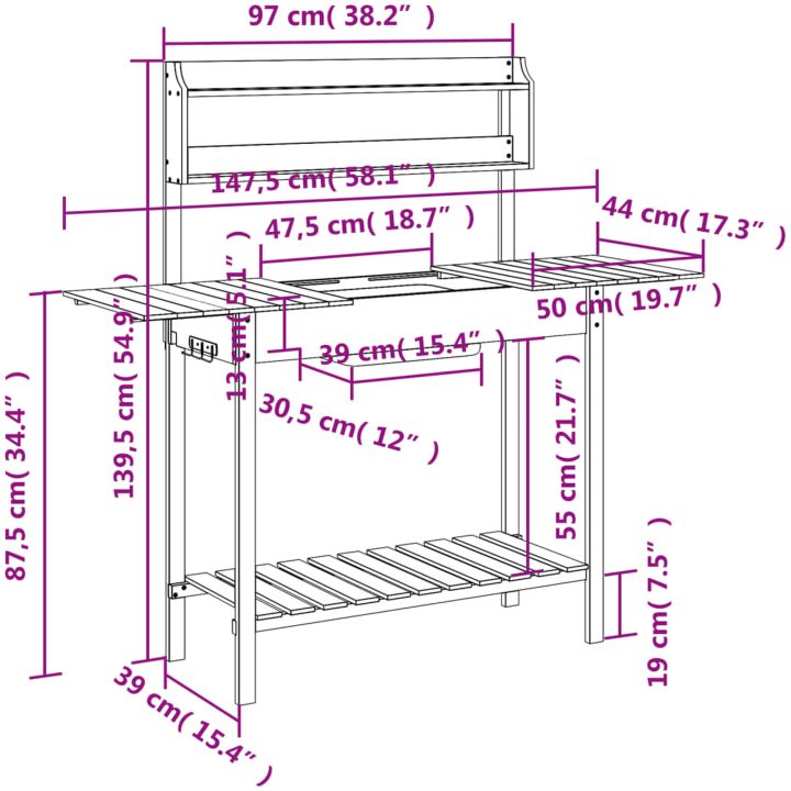 Odlingsbänk med vask grå 110,5x45x124,5 cm massivt granträ vidaXL – bild 12