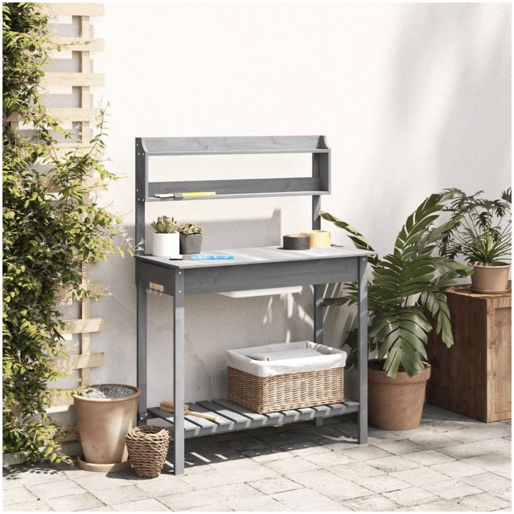 Odlingsbänk med vask grå 110,5x45x124,5 cm massivt granträ vidaXL – bild 3