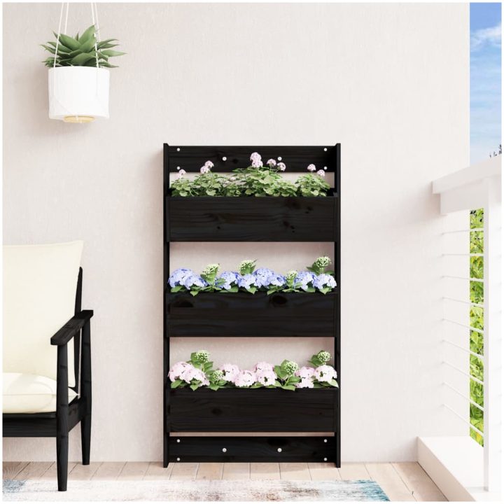 Odlingslåda för vägg 3 nivåer 60x18,5x110 cm svart massiv furu vidaXL – bild 3
