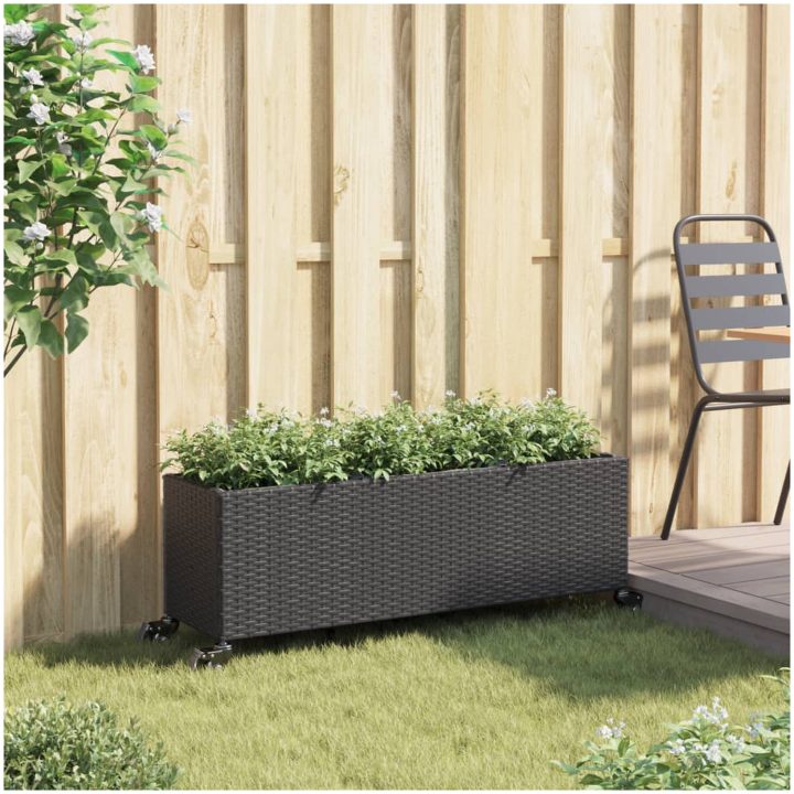 Odlingslåda med hjul & 3 krukor svart konstrotting vidaXL 107 x 32 x 38 cm – bild 3